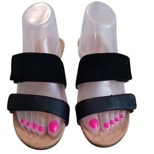 Vionic Bayu Women's Cork Wedge Slide Sandals Black Adjustable Strap Size 6 1/2